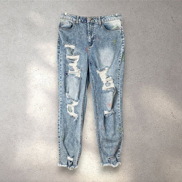 Tinseltown Floral Stitch Distressed Jeans Women’s Size 13 Juniors Light Wash Y2K - Picture 1 of 8